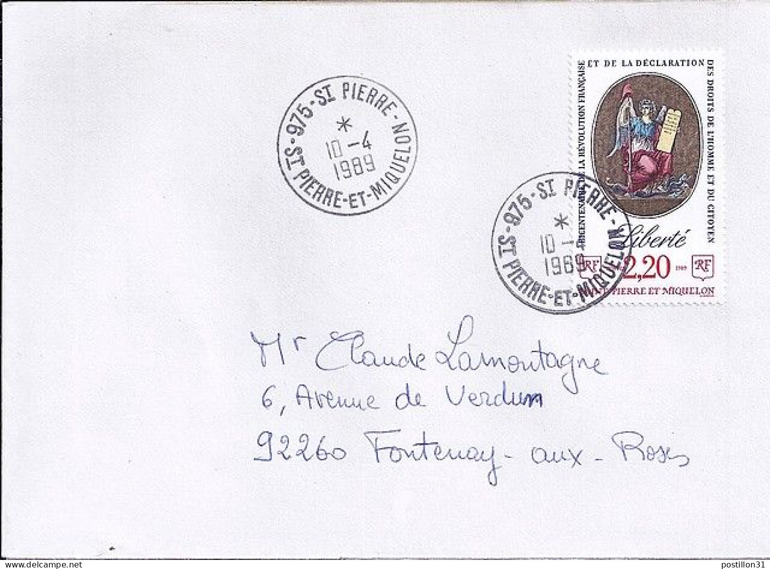 SPM N° 499 S/L DE ST PIERRE/10.4.89 POUR LA FRANCE - Storia Postale