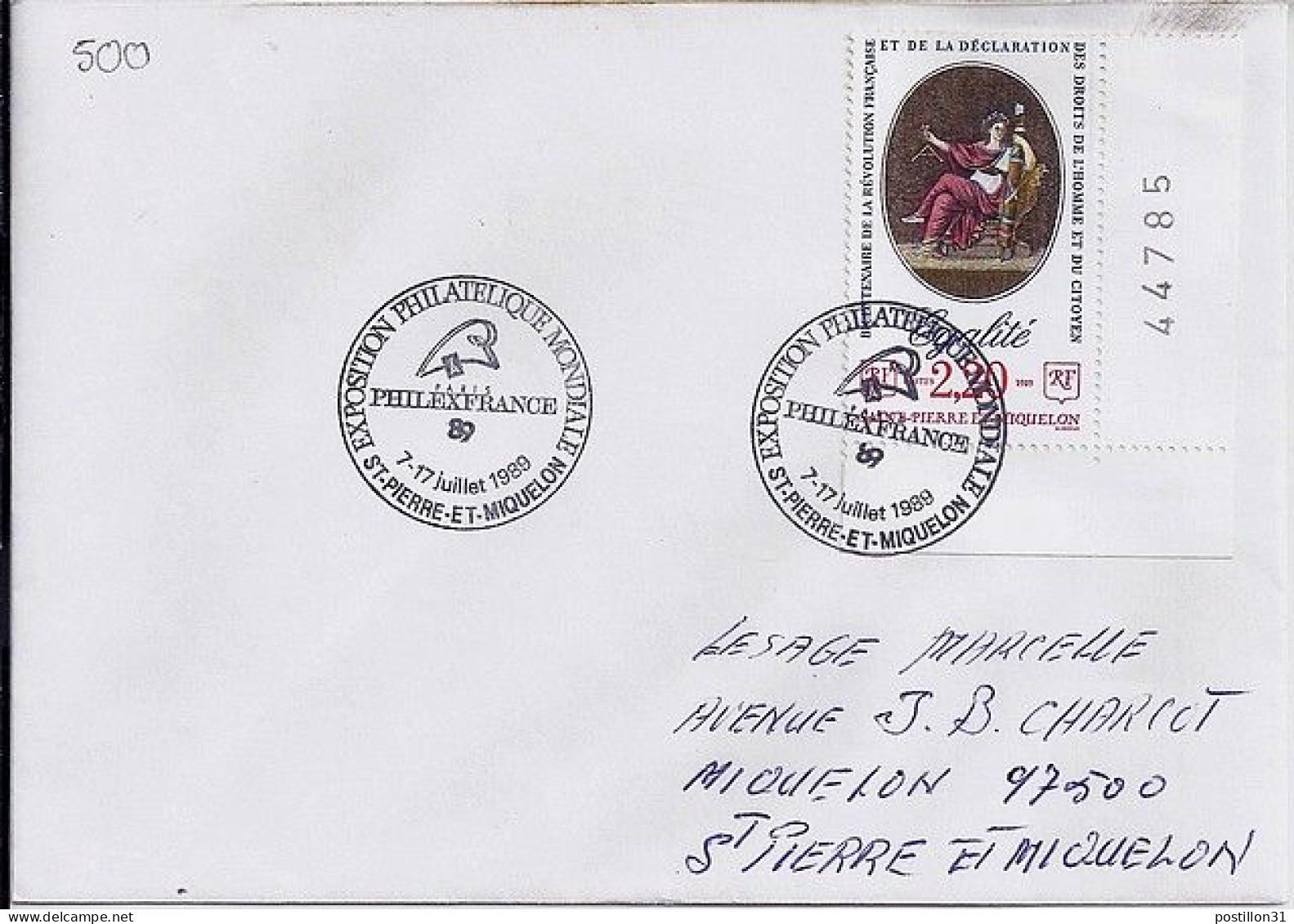 SPM N° 500 S/L DE ST PIERRE/PHILEXFRANCE/7-17.07.89 - Brieven En Documenten