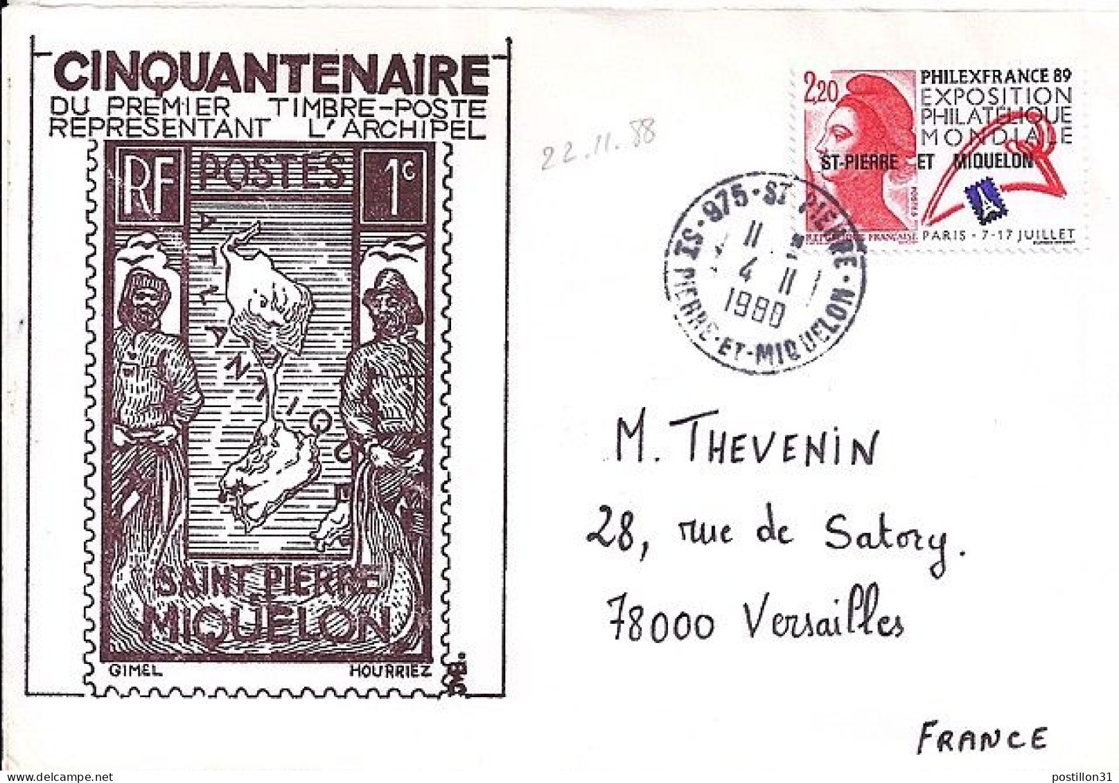 SPM N° 489 S/L. DE ST PIERRE/4.11.88 POUR LA FRANCE - Covers & Documents