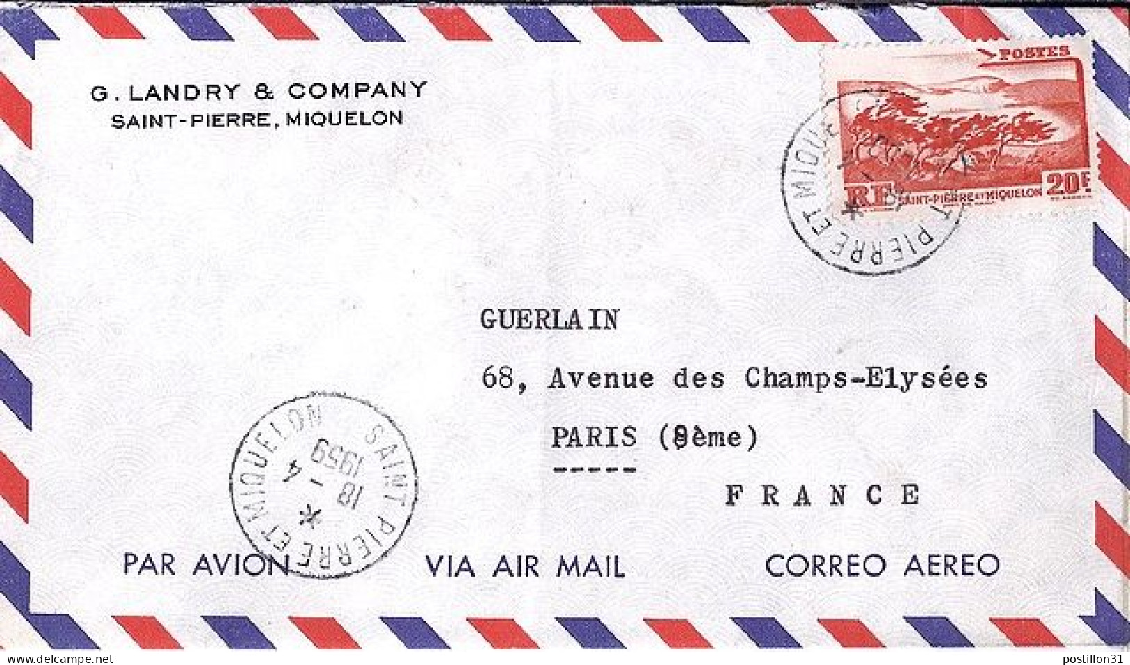 SPM N° 342 S/L. DE ST PIERRE ET MIQUELON / 18.4.59 POUR LA FRANCE - Brieven En Documenten