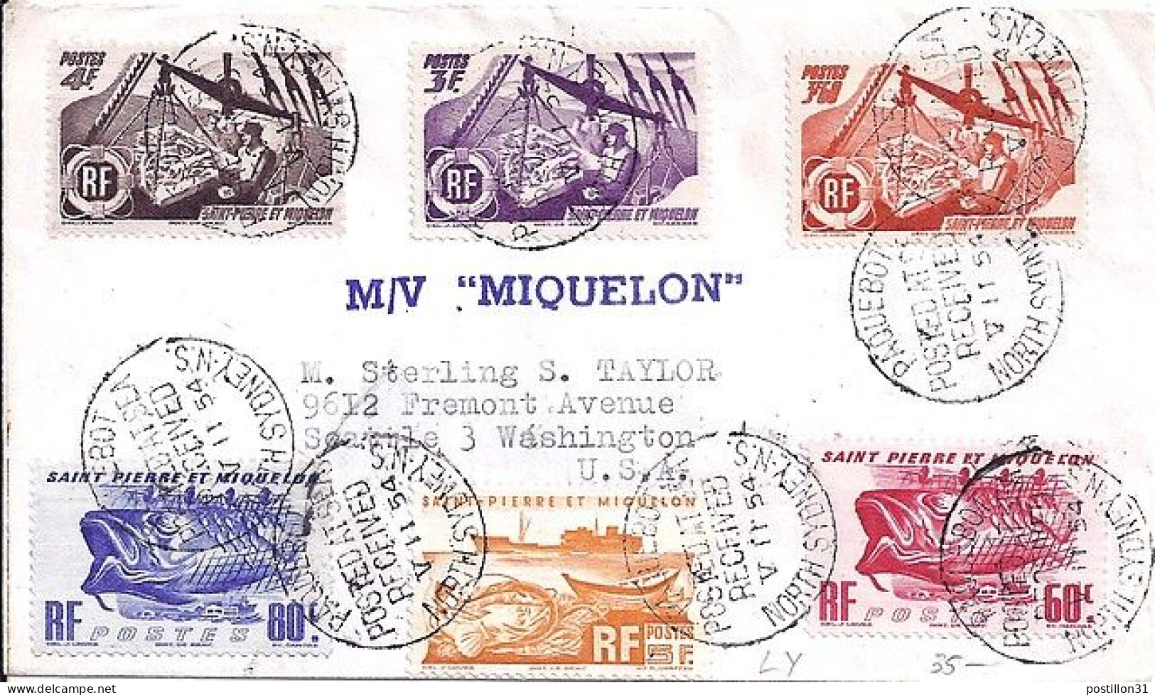 SPM N° 329/330/335/356/337/338 S/L.DE PAQUEBOT/MIQUELON/11.5.54 POUR LES USA - Briefe U. Dokumente