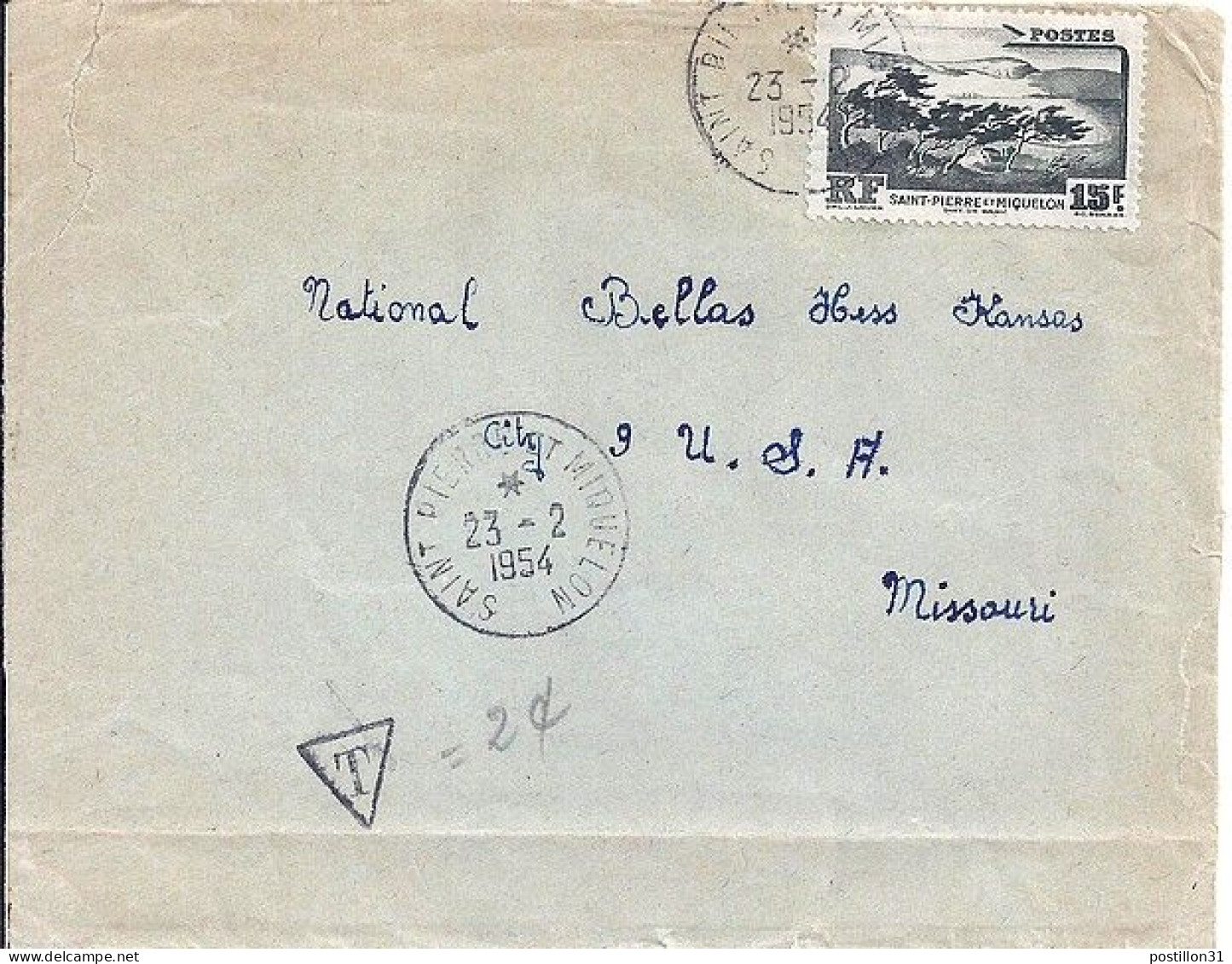 SPM N° 341 S/L.DE ST PIERRE ET MIQUELON/23.2.54  POUR LES USA - Lettres & Documents