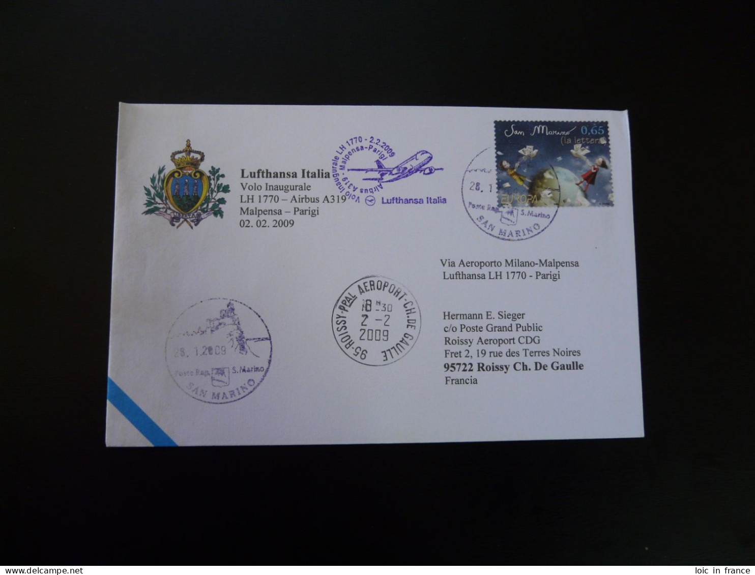 Europa Sur Lettre Premier Vol First Flight Cover Milano Paris Via San Marino Lufthansa 2009 - Brieven En Documenten