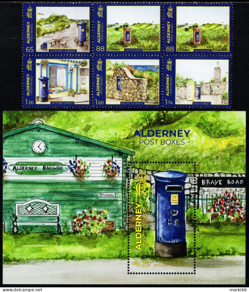Alderney - 2024 - Post Boxes - Mint Stamp Set + Souvenir Sheet - Alderney