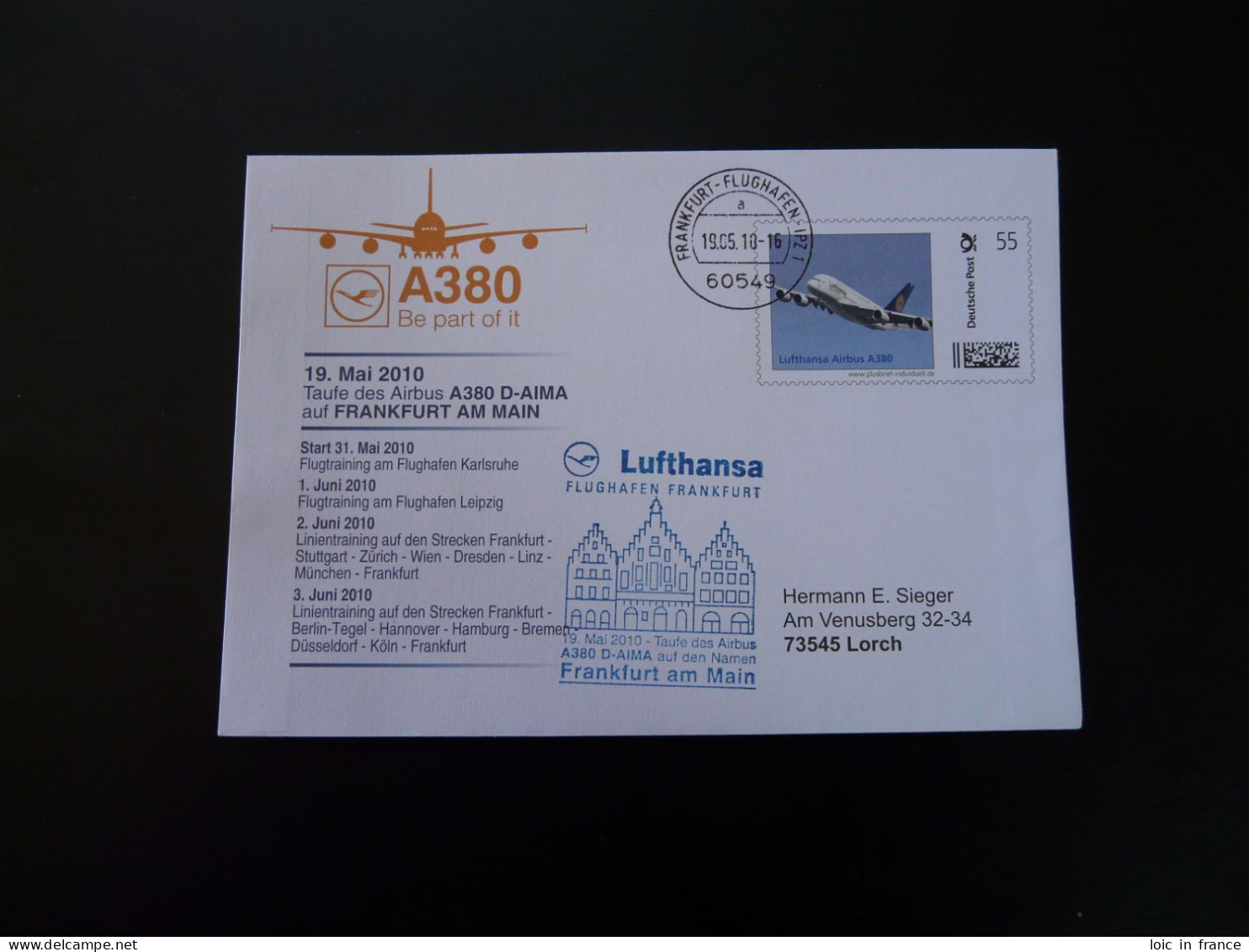 Entier Postal Plusbrief Stationery Taufe Des Airbus A380 Lufthansa 2010 (Frankfurt) - Enveloppes Privées - Oblitérées