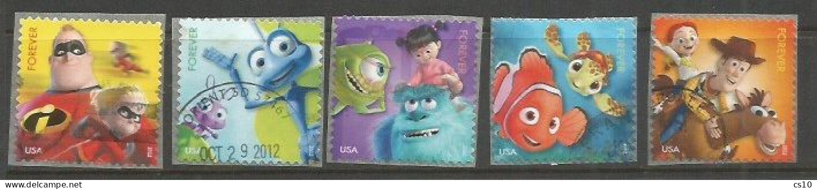 USA 2012 Disney Pixar "Mail A Smile" Sc.# 4677/81 Cpl 5v Set VFU : Bug's Life Incredibles Nemo Toy Story Monsters - Blocchi & Strisce