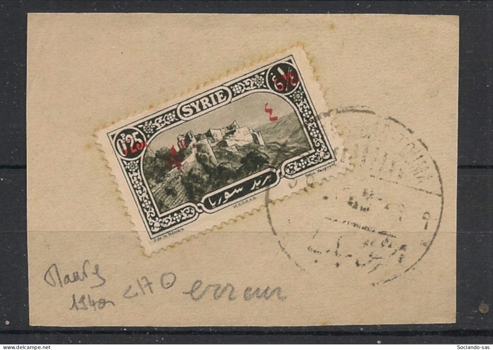 SYRIE - 1928 - N°Maury 194a - 4pi Sur 0,25pi - VARIETE Surcharge. Arabe Monnaie Absente  - Oblitéré Sur Fragment / Used - Oblitérés