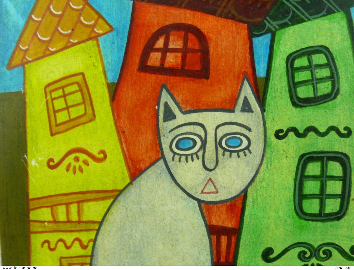 Beautiful Painting On Wood Grey Cat Signed #2283 - Art Populaire