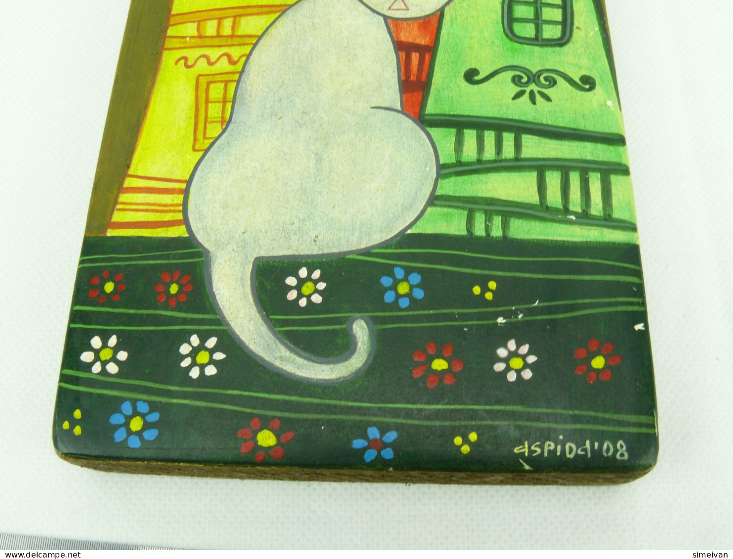 Beautiful Painting on Wood Grey Cat Signed #2283
