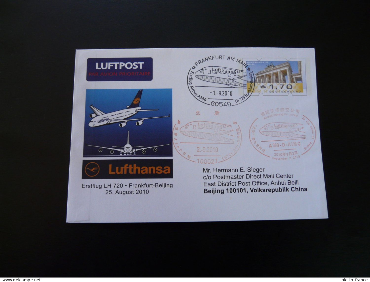 Entier Postal Stationery Premier Vol First Flight Frankfurt -> Beijing China Airbus A380 Lufthansa 2010 - Enveloppes Privées - Oblitérées