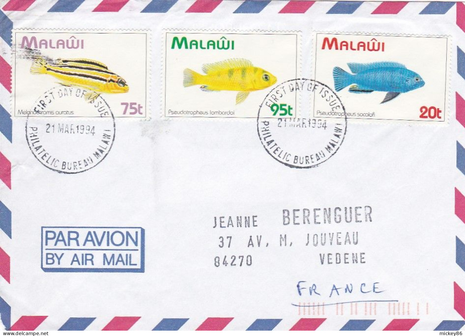 MALAWI--1994--Lettre De MALAWI Pour VEDENE-84 (France)--timbres Poissons ....cachet FDC Philatelic Bureau - Malawi (1964-...)