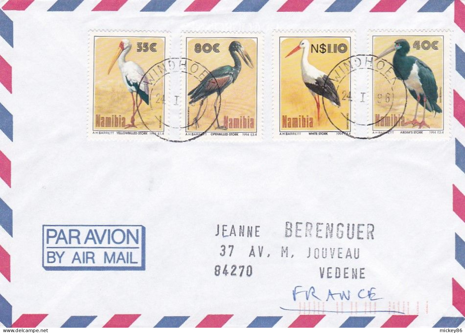 NAMIBIE --1996--Lettre De WINDHOEK  Pour VEDENE-84 (France)--timbres  Oiseaux échassiers   ....cachet - Namibië (1990- ...)