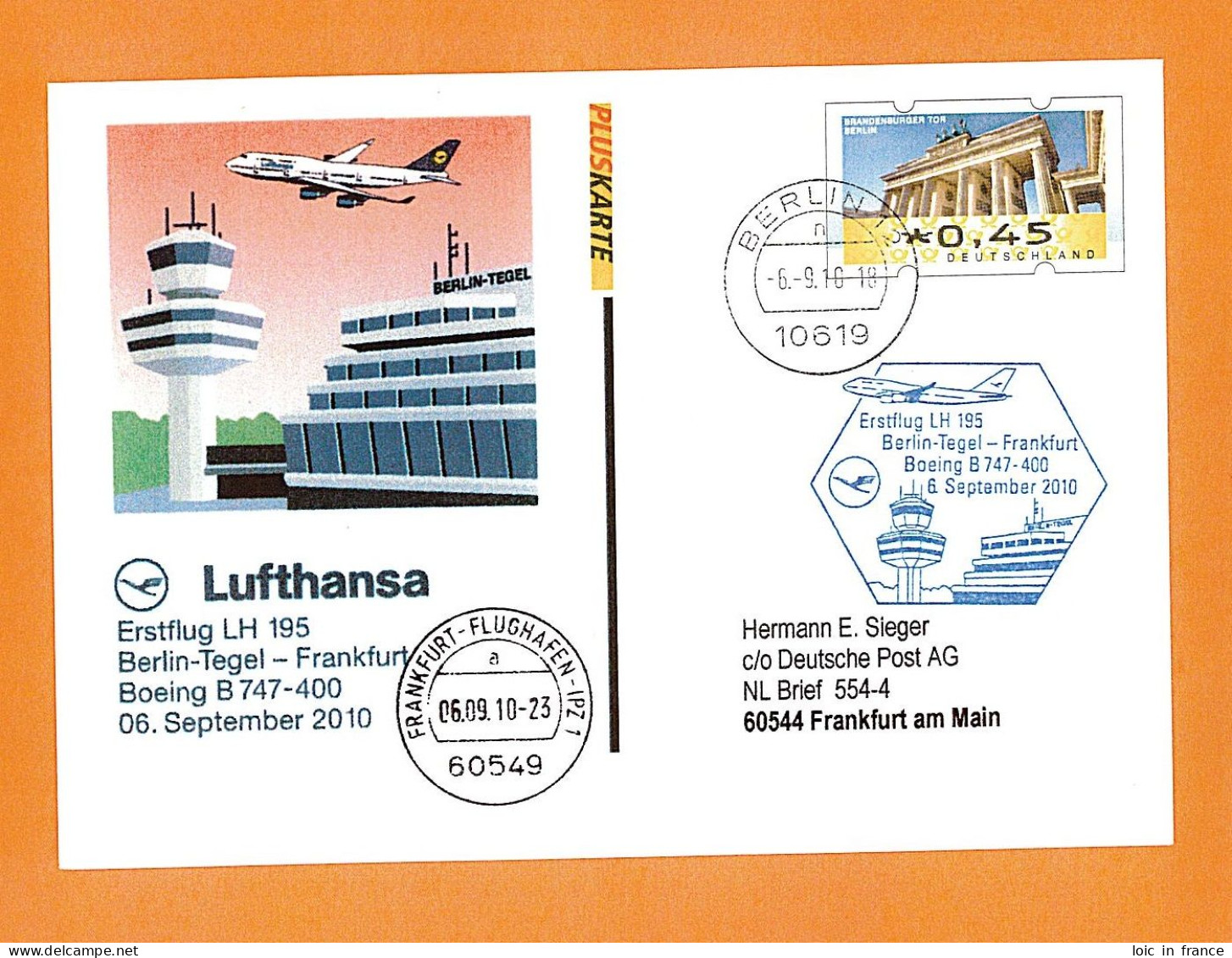 Entier Postal Pluskarte Stationery Premier Vol First Flight Berlin Frankfurt Boeing 747 Lufthansa 2010 - Privatumschläge - Gebraucht