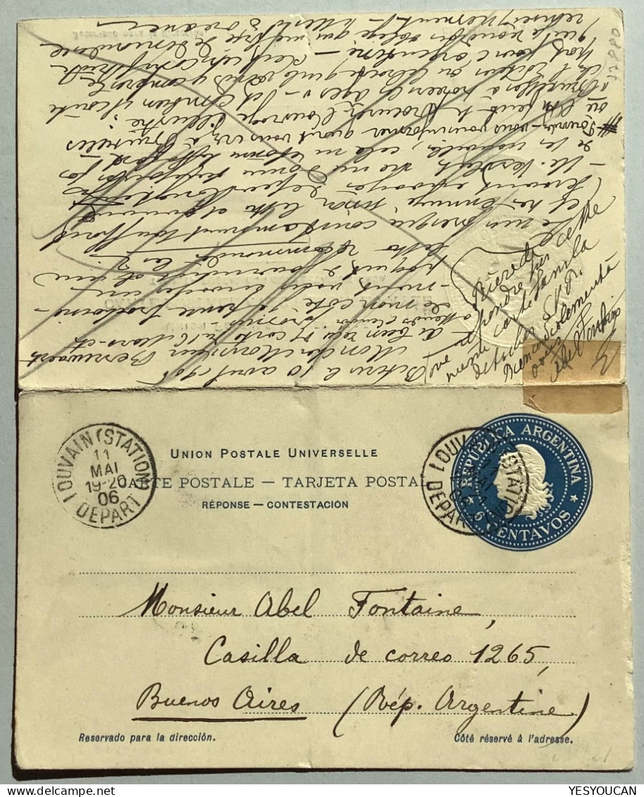 ARGENTINA USED IN BELGIUM „LOUVAIN 1906“6c Blue Postal Stationery Card With Paid Reply Used From „Belgique“(cover Entier - Postal Stationery