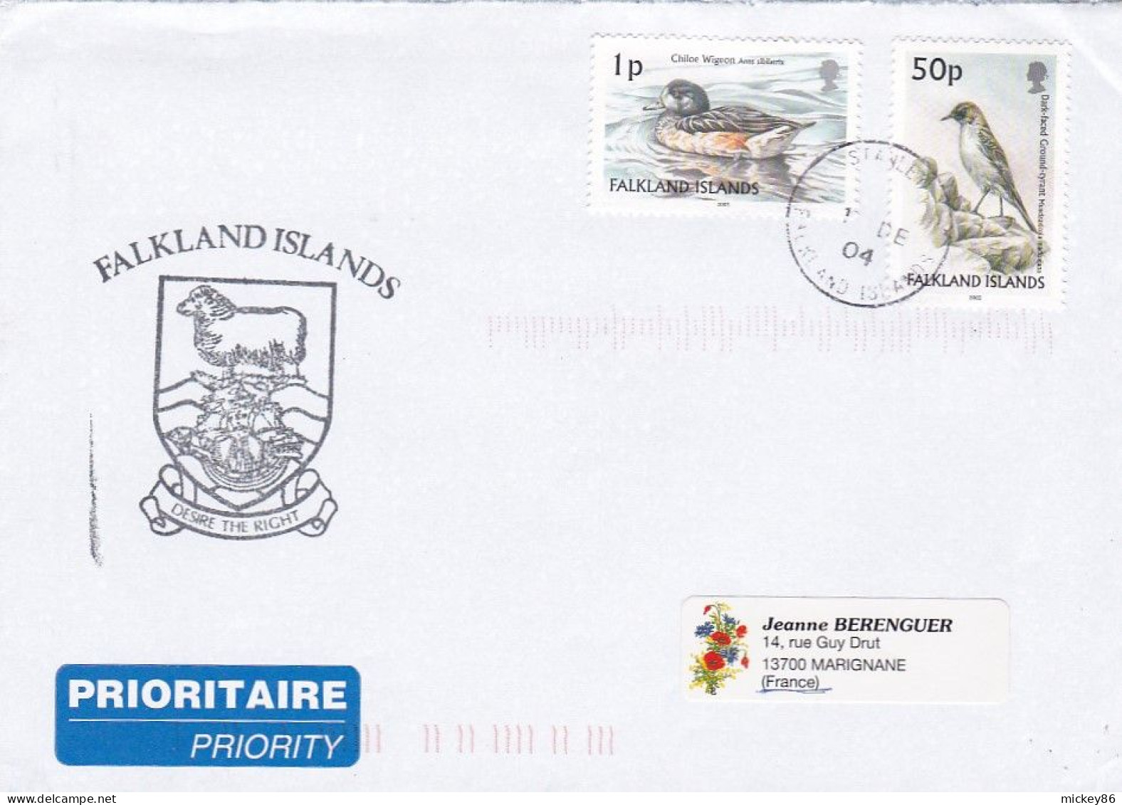 FALKLAND --2004--Lettre De STANLEY  Pour MARIGNANE-13 (France)--timbres  Oiseaux (2 Valeurs) Sur Lettre .... Cachet - Falkland Islands