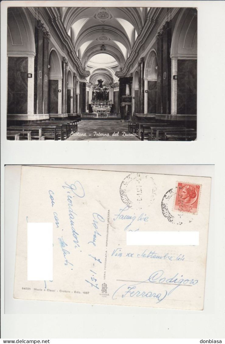 Crotone: Interno Del Duomo. Cart. FG B/n Lucido Vg 1957 - Crotone