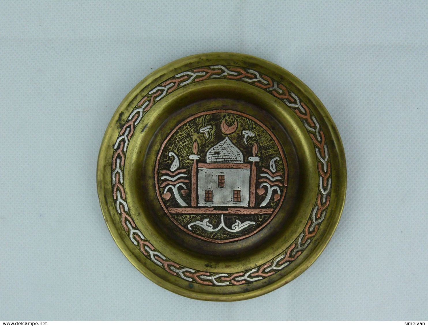 Vintage Brass Ashtray Inlaid Silver And Copper Islamic Motifs #2291 - Portacenere
