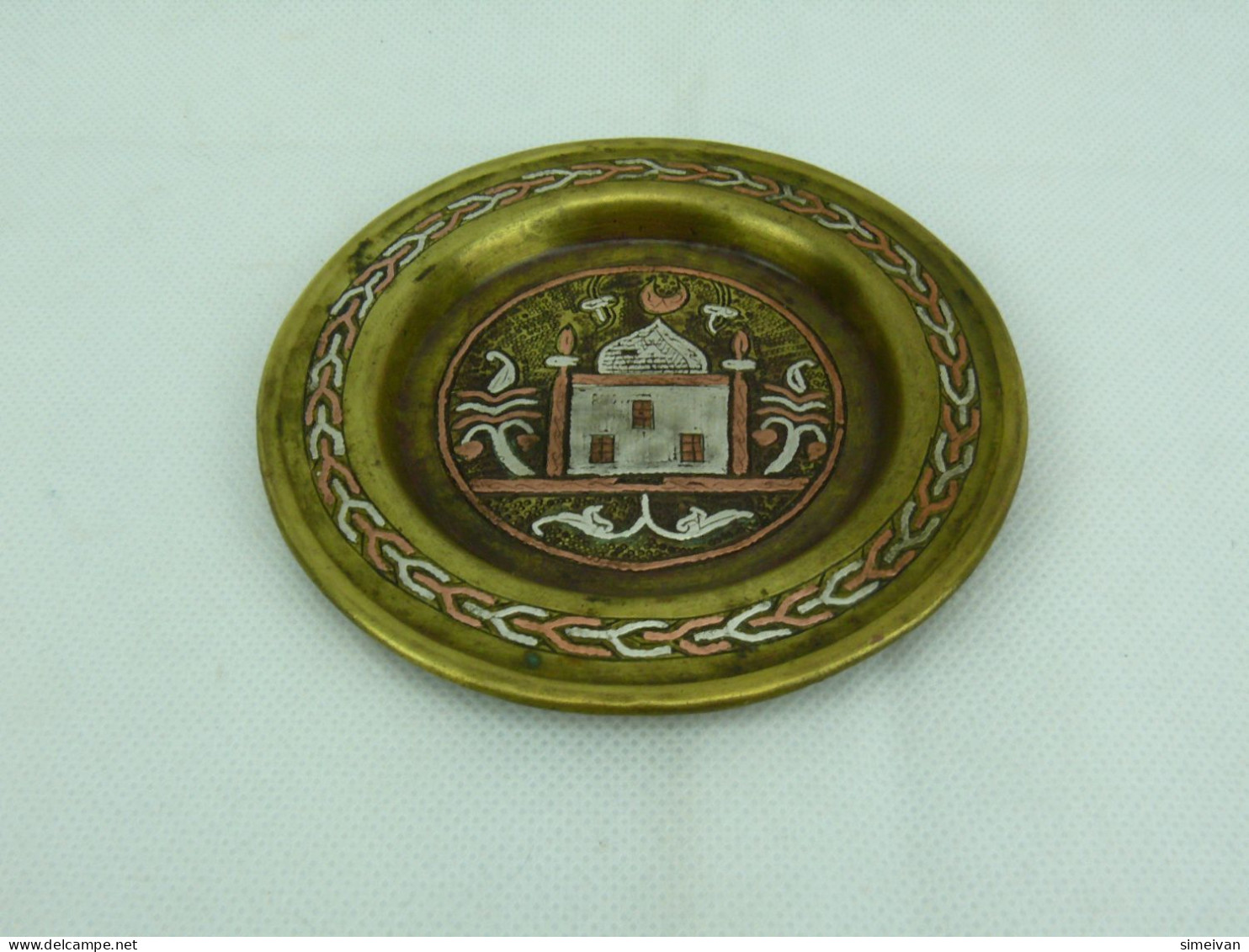 Vintage Brass Ashtray Inlaid Silver And Copper Islamic Motifs #2291 - Cendriers