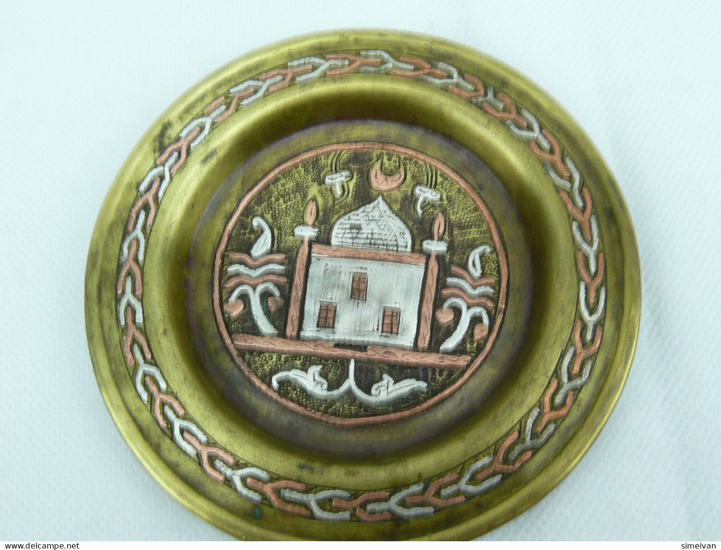 Vintage Brass Ashtray Inlaid Silver And Copper Islamic Motifs #2291 - Asbakken