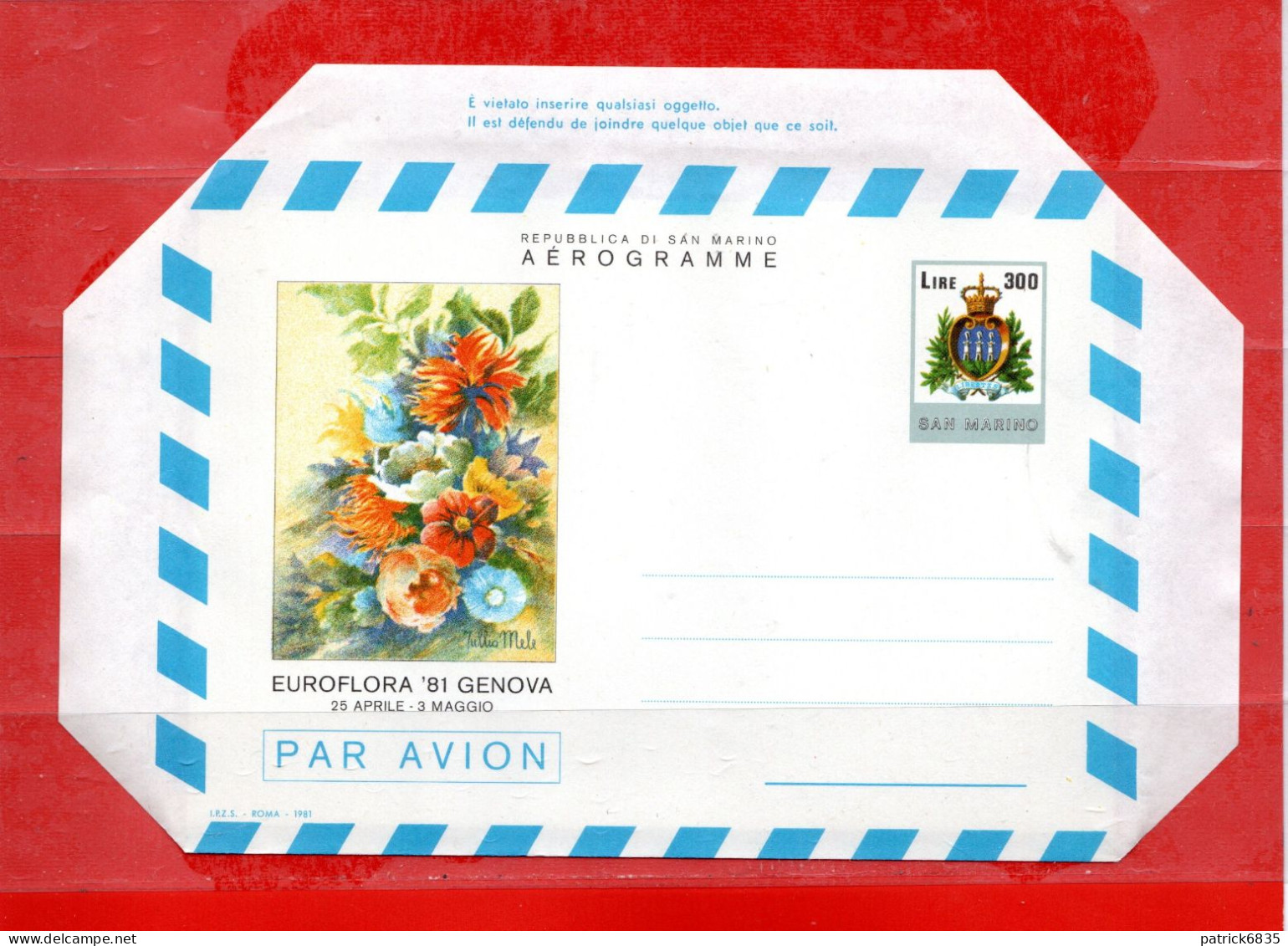 S.Marino **- 1981 - Aerogramma - EUROFLORA " GENOVA 81 "  A 11 . - Postal Stationery