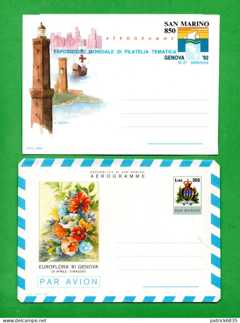 S.Marino **- 1981-1992 - Aerogramma - EUROFLORA " GENOVA 81 "  A 11 + GENOVA 92  A 16 - Postal Stationery