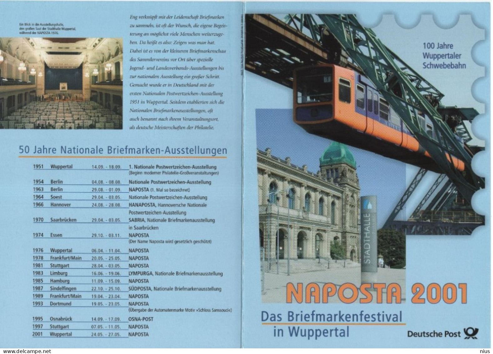 Germany Deutschland 2001 Wuppertaler Schwebebahn, Suspension Railway, NAPOSTA Philatelic Exhibition, Train Wuppertal - 2001-2010