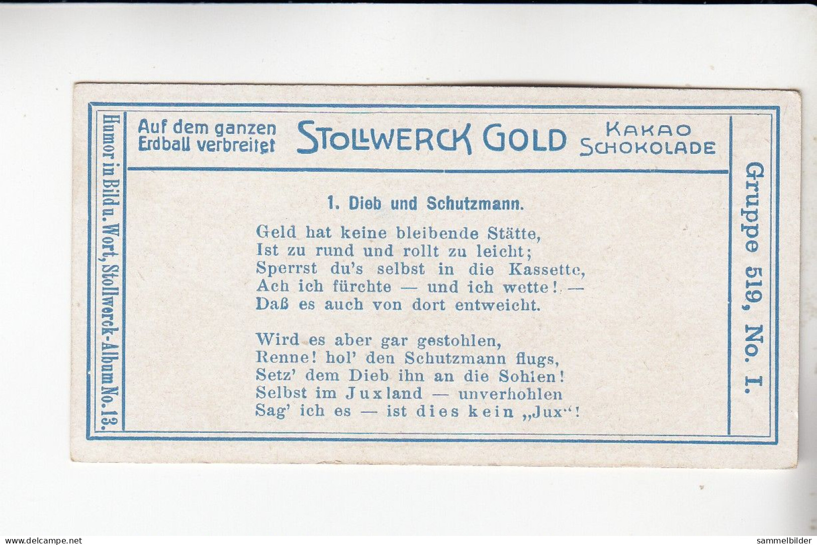 Stollwerck Album No 13 Jux   Dieb Und Schutzmann       Grp 519 #1 Von 1912 - Stollwerck