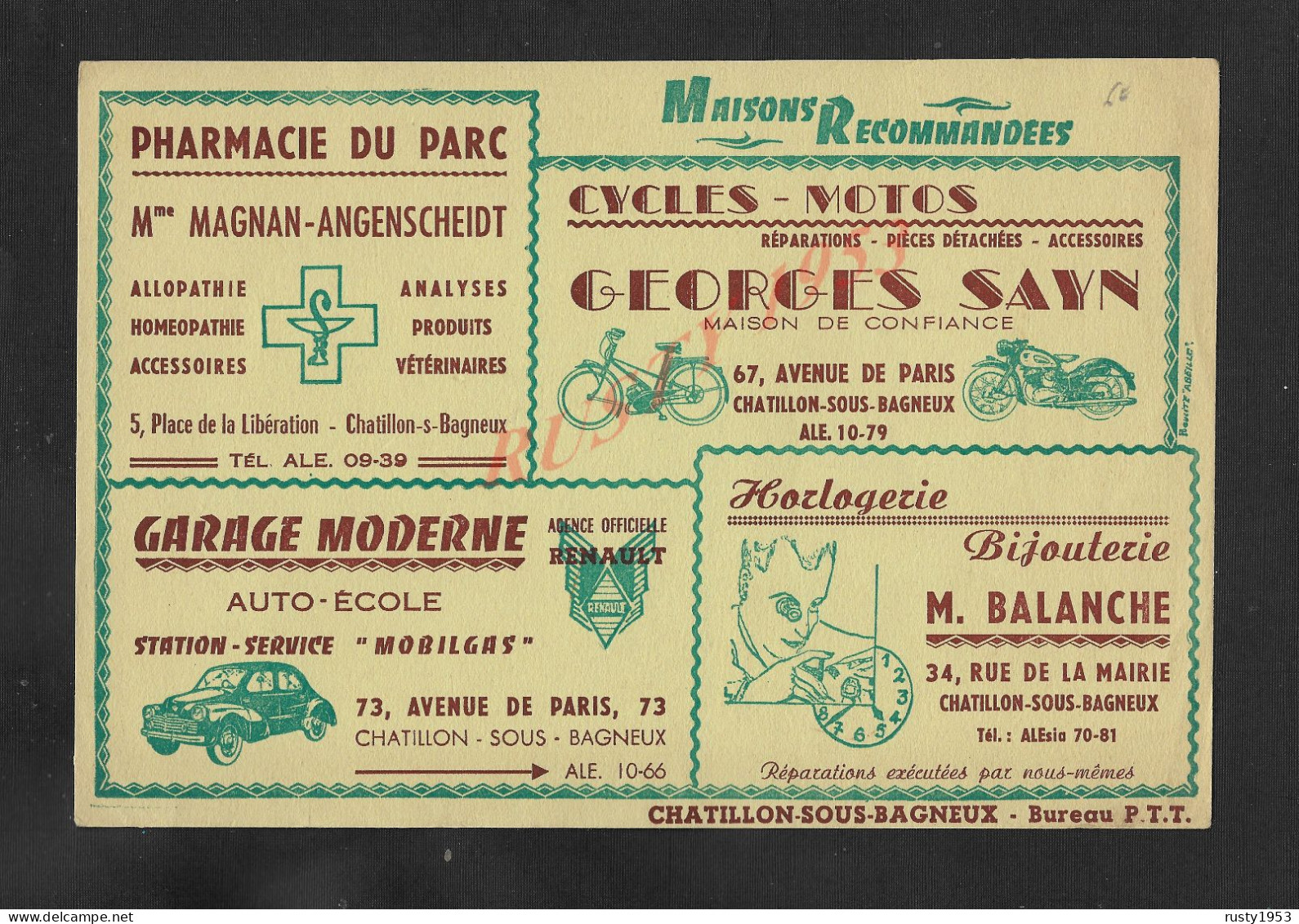 ANCIEN BUVARD ILLUSTRÉE DIVERS PUBLICITÉE PHARMACIE CYCLE MOTO GARAGE BIJOUTERIE À CHATILLON SOUS BAGNEUX : - Automobile