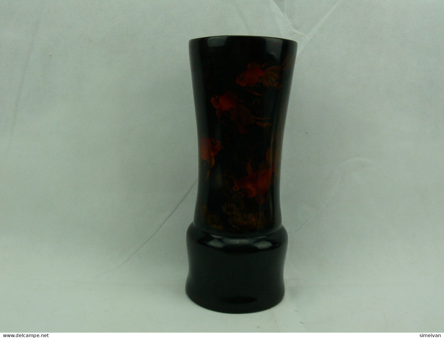 Vintage Vietnamese Beautiful Lacquer Thanh Le Black Vase Goldfish #2300 - Vasen