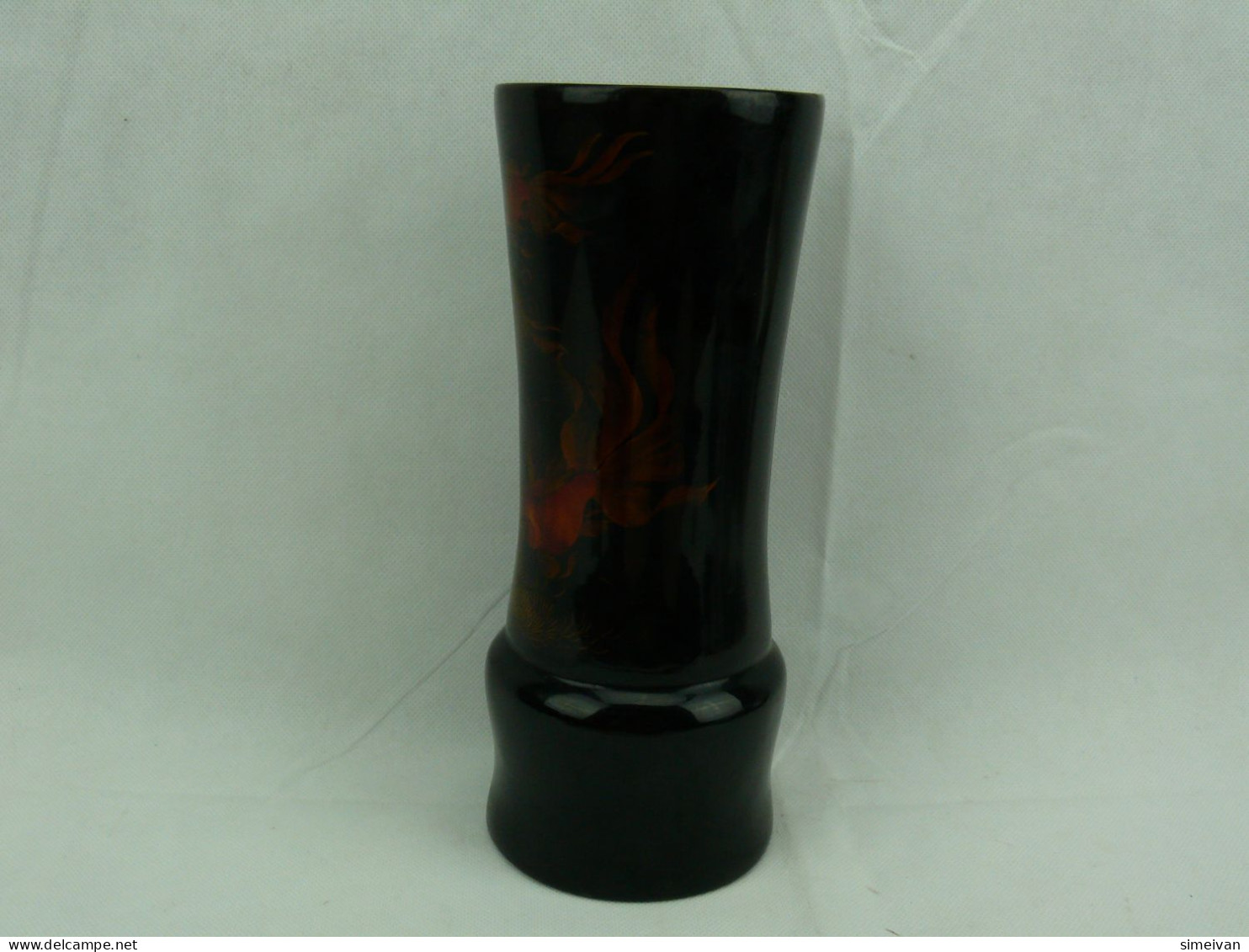 Vintage Vietnamese Beautiful Lacquer Thanh Le Black Vase Goldfish #2300 - Vasi