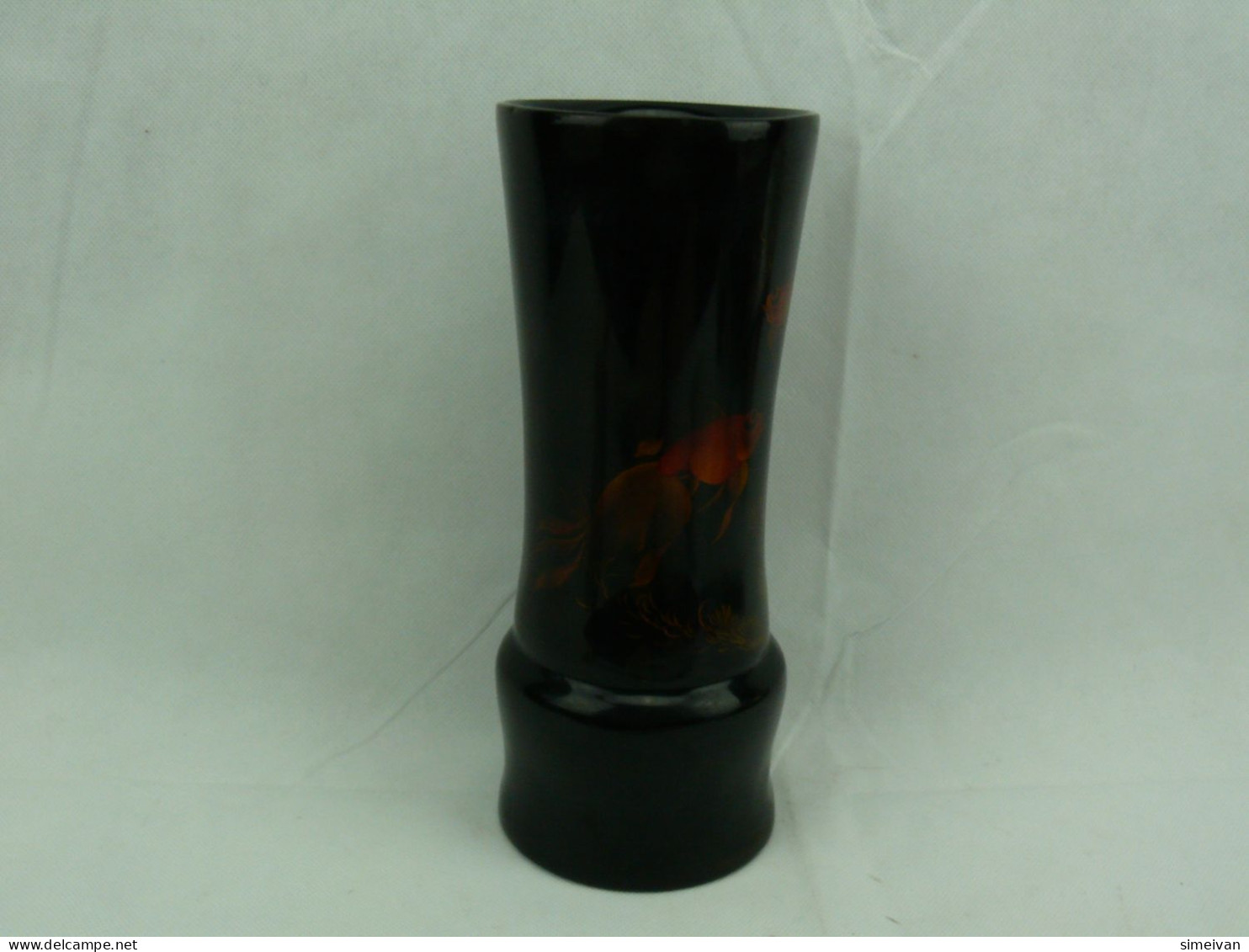 Vintage Vietnamese Beautiful Lacquer Thanh Le Black Vase Goldfish #2300 - Vasen