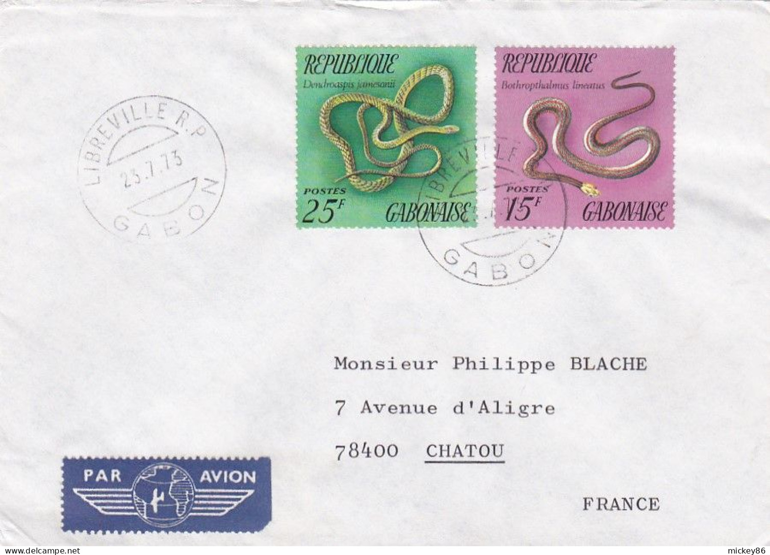 GABON -1973--Lettre LIBREVILLE Pour CHATOU-78 (France)--timbres Serpents (2 Valeurs) Sur Lettre .. Cachet. - Gabon