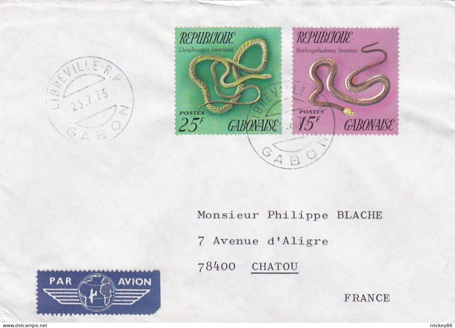 GABON -1973--Lettre LIBREVILLE Pour CHATOU-78 (France)--timbres Serpents (2 Valeurs) Sur Lettre .. Cachet. - Gabun (1960-...)