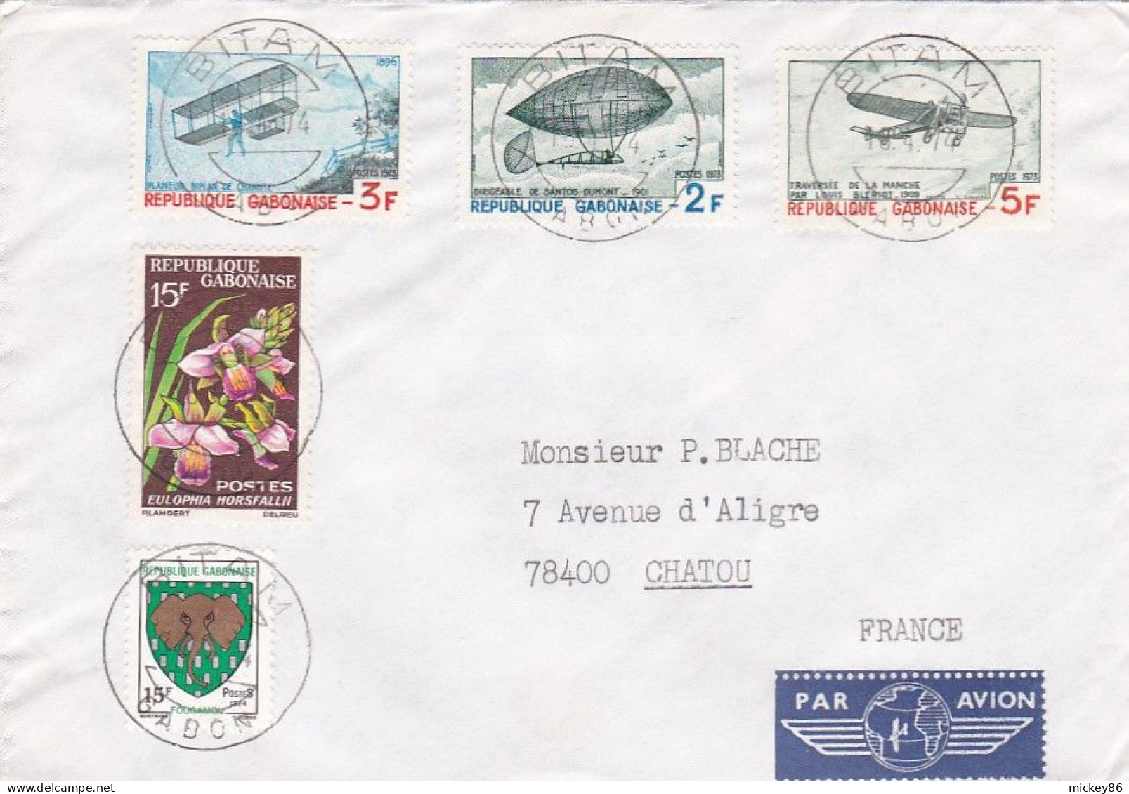 GABON -1974--Lettre BITAM  Pour CHATOU-78 (France)--timbres Blason,avions (3 Valeurs) Et Fleur .. Cachet. - Gabon (1960-...)