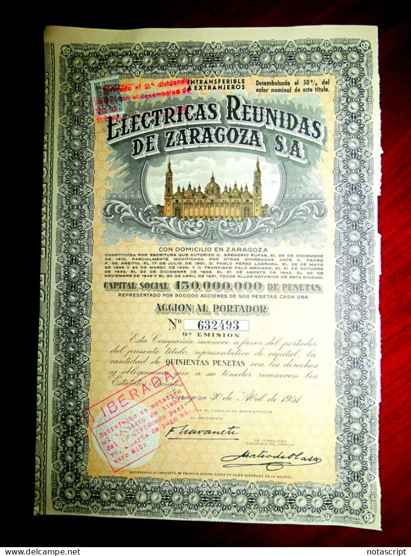 Eléctricas Reunidas De Zaragoza SA Share Certificate Spain 1951 - Elektriciteit En Gas