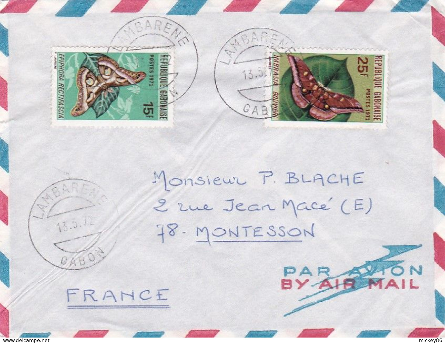 GABON -1972--Lettre LAMBARENE  Pour MONTESSON-78 (France)--timbres Papillons .. Cachet. - Gabón (1960-...)
