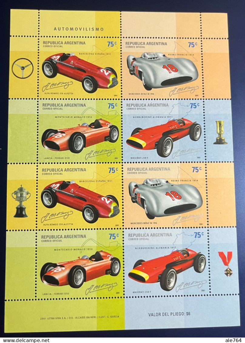 Argentina 2001 Block Cars Of Juan M. Fangio, GJ 3153/6 (Hb 139), Sc 2162, MNH. - Neufs