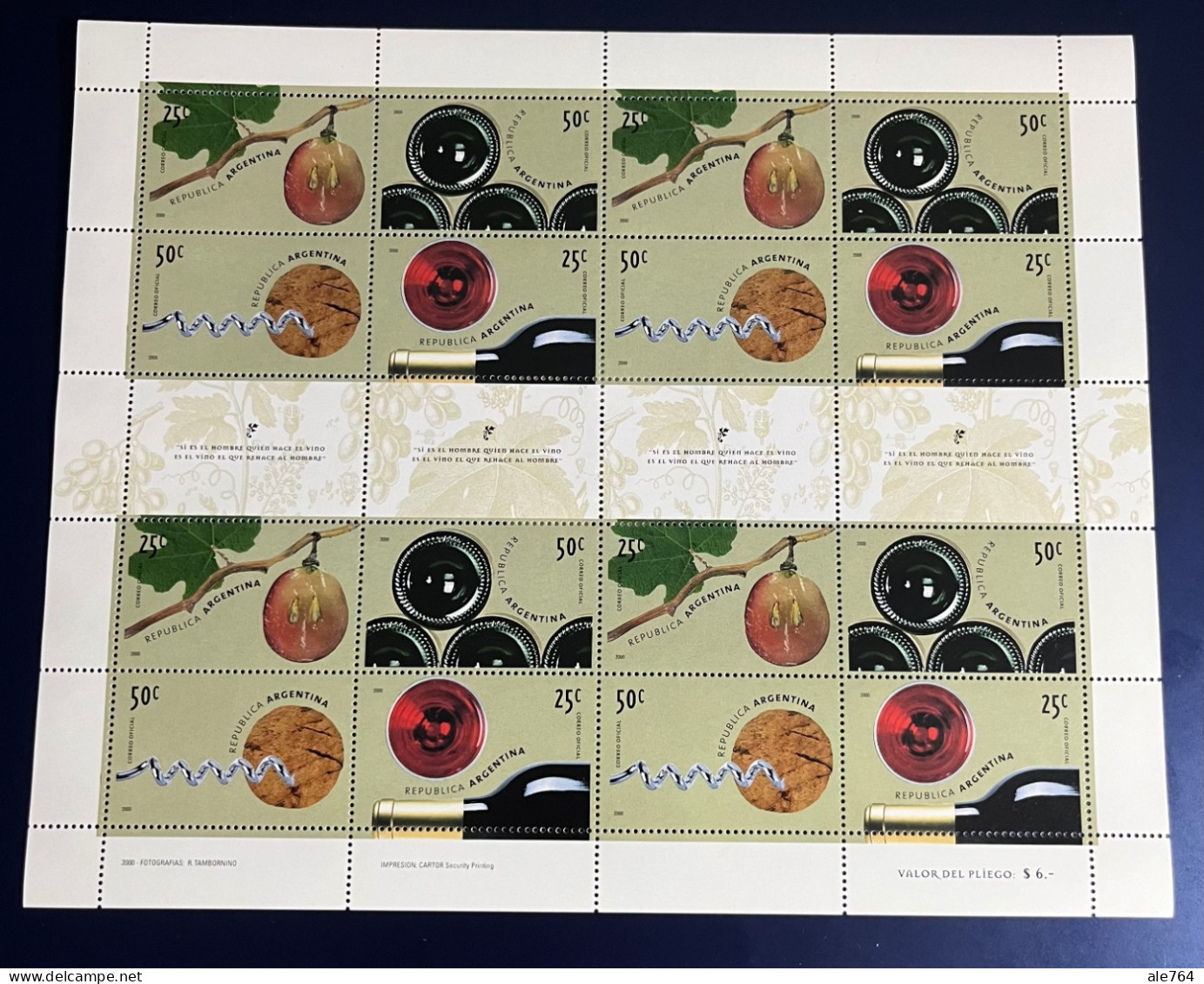 Argentina 2000 Block Vitiviniculture, GJ 3026/9, Sc 2096, MNH. - Unused Stamps