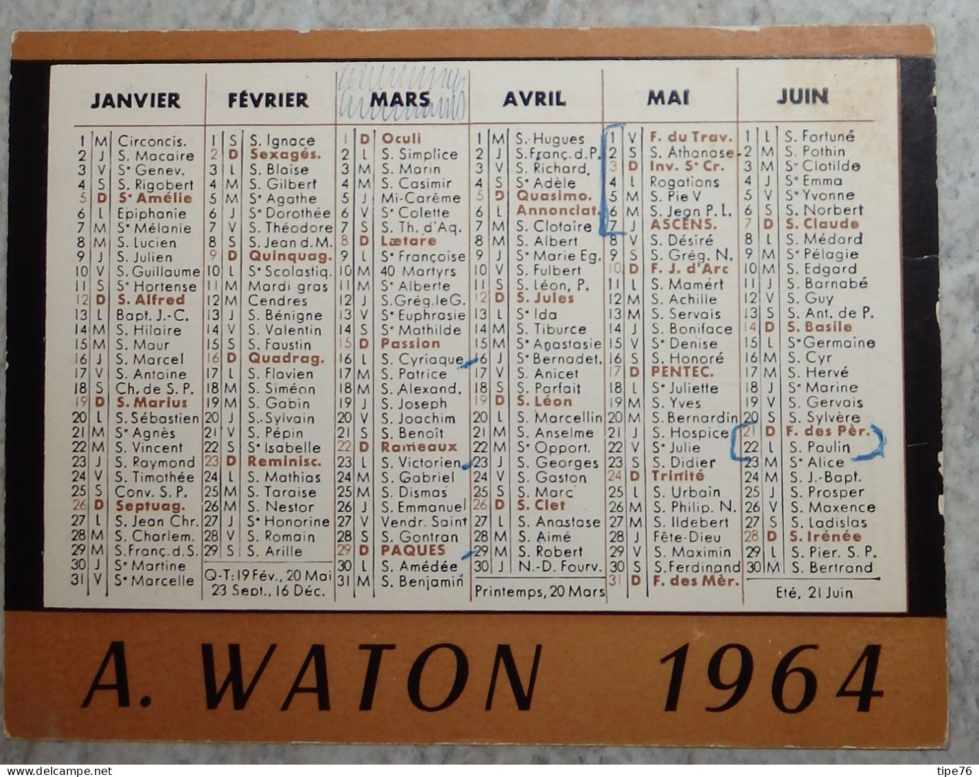 Petit Calendrier De  Poche 1964 A.Waton Imprimeurs Rue Gutenberg Saint Etienne Loire - Small : 1961-70