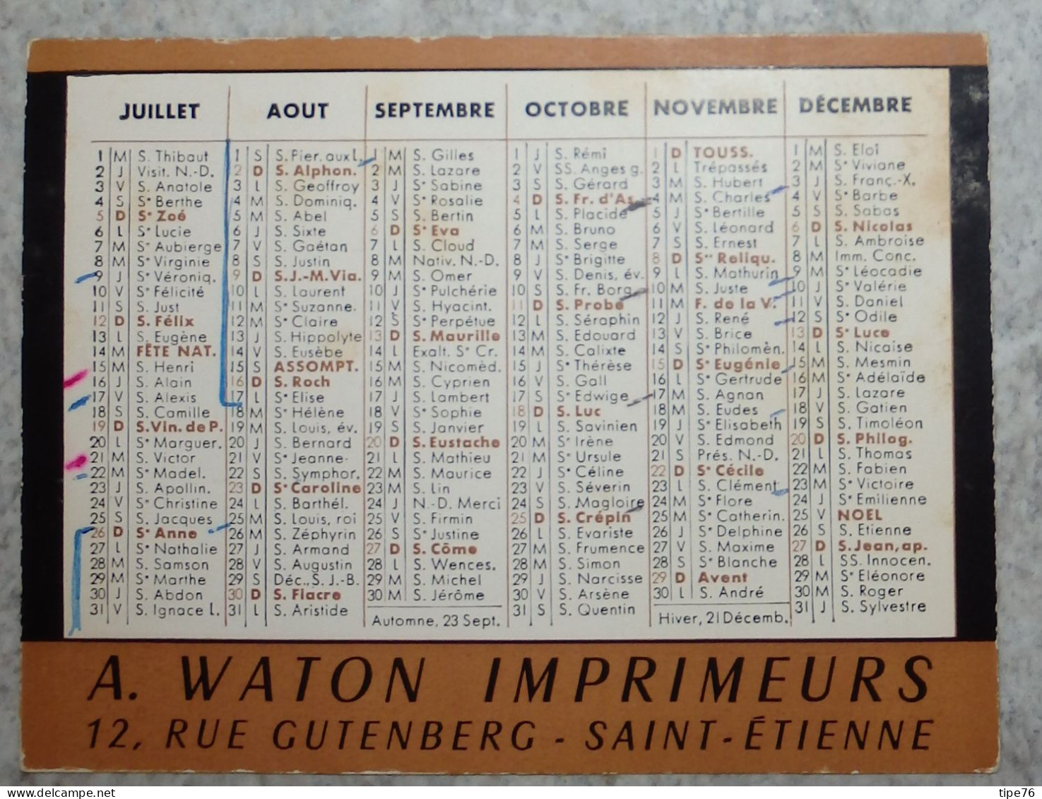 Petit Calendrier De  Poche 1964 A.Waton Imprimeurs Rue Gutenberg Saint Etienne Loire - Petit Format : 1961-70