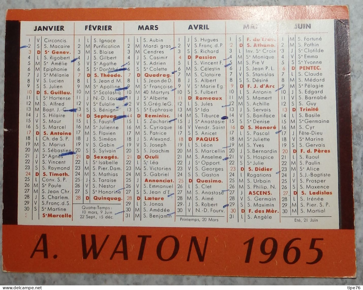 Petit Calendrier De  Poche 1965 A.Waton Imprimeurs Rue Gutenberg Saint Etienne Loire - Small : 1961-70