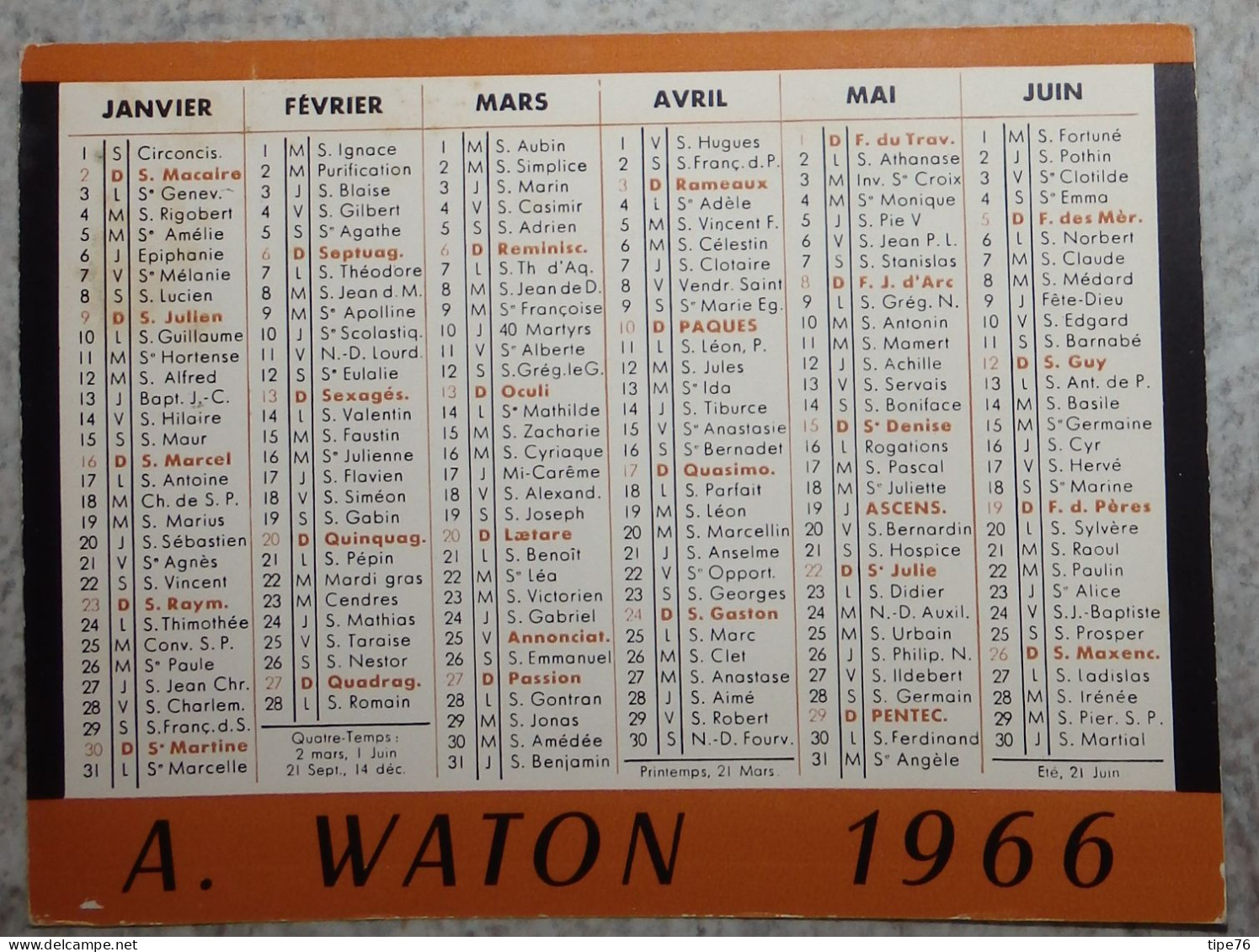 Petit Calendrier De  Poche 1966 A.Waton Imprimeurs Rue Gutenberg Saint Etienne Loire - Klein Formaat: 1961-70