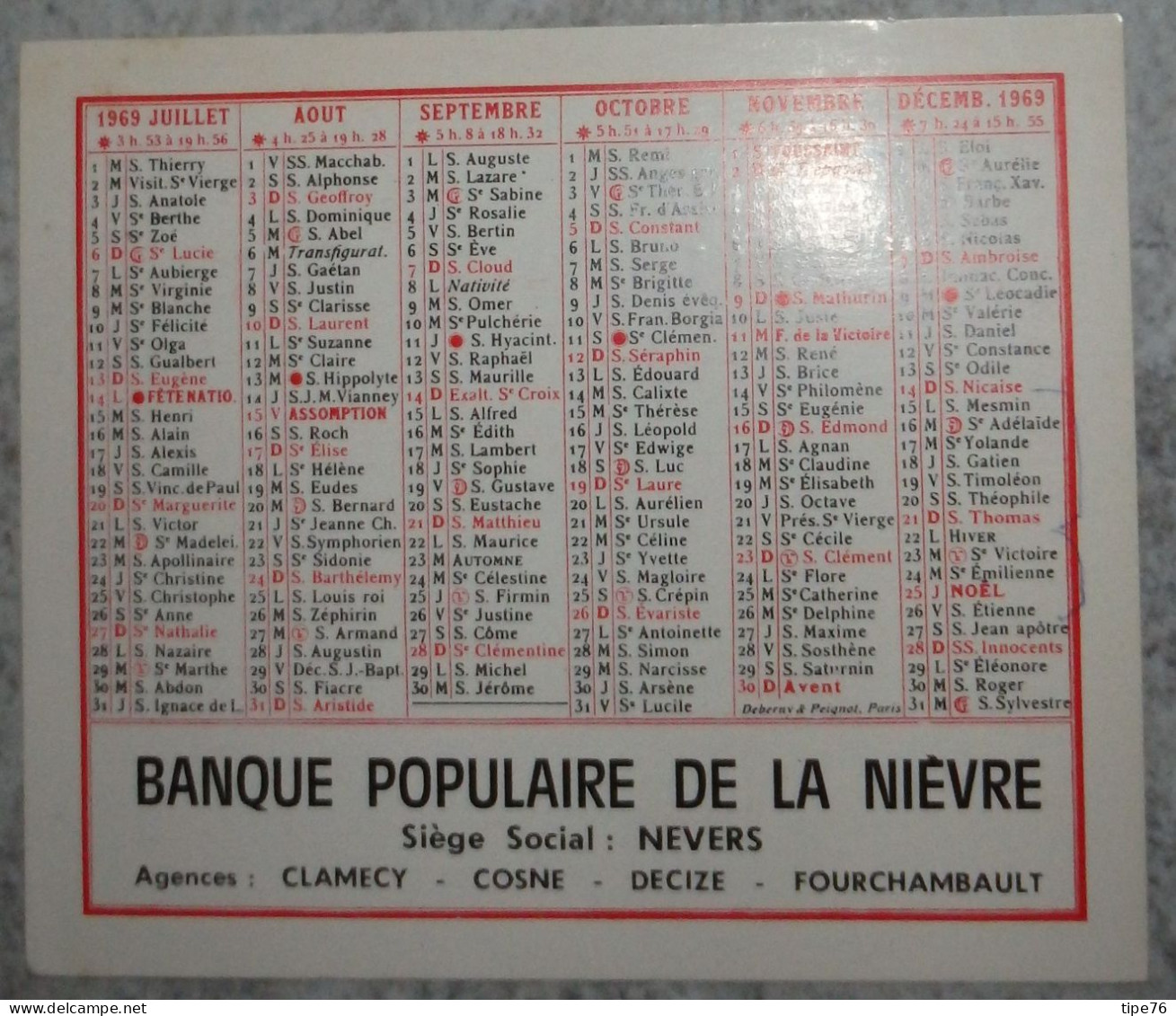 Petit Calendrier De  Poche 1969  Banque Populaire De La Nièvre Nevers- Clamecy Cosne Decize Fourchambault - Petit Format : 1961-70