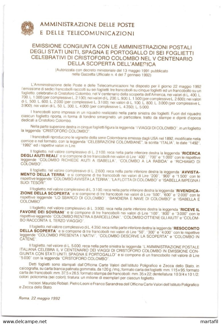 1992 Repubblica Italia BOLLETINO 6 BF Celebrativi Di Cristoforo Colombo Nel 5° Ann. Della Scoperta Dell'America - Variedades Y Curiosidades