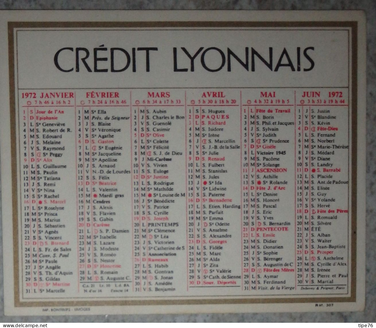 Petit Calendrier De  Poche 1972  Banque  Crédit Lyonnais - Small : 1971-80