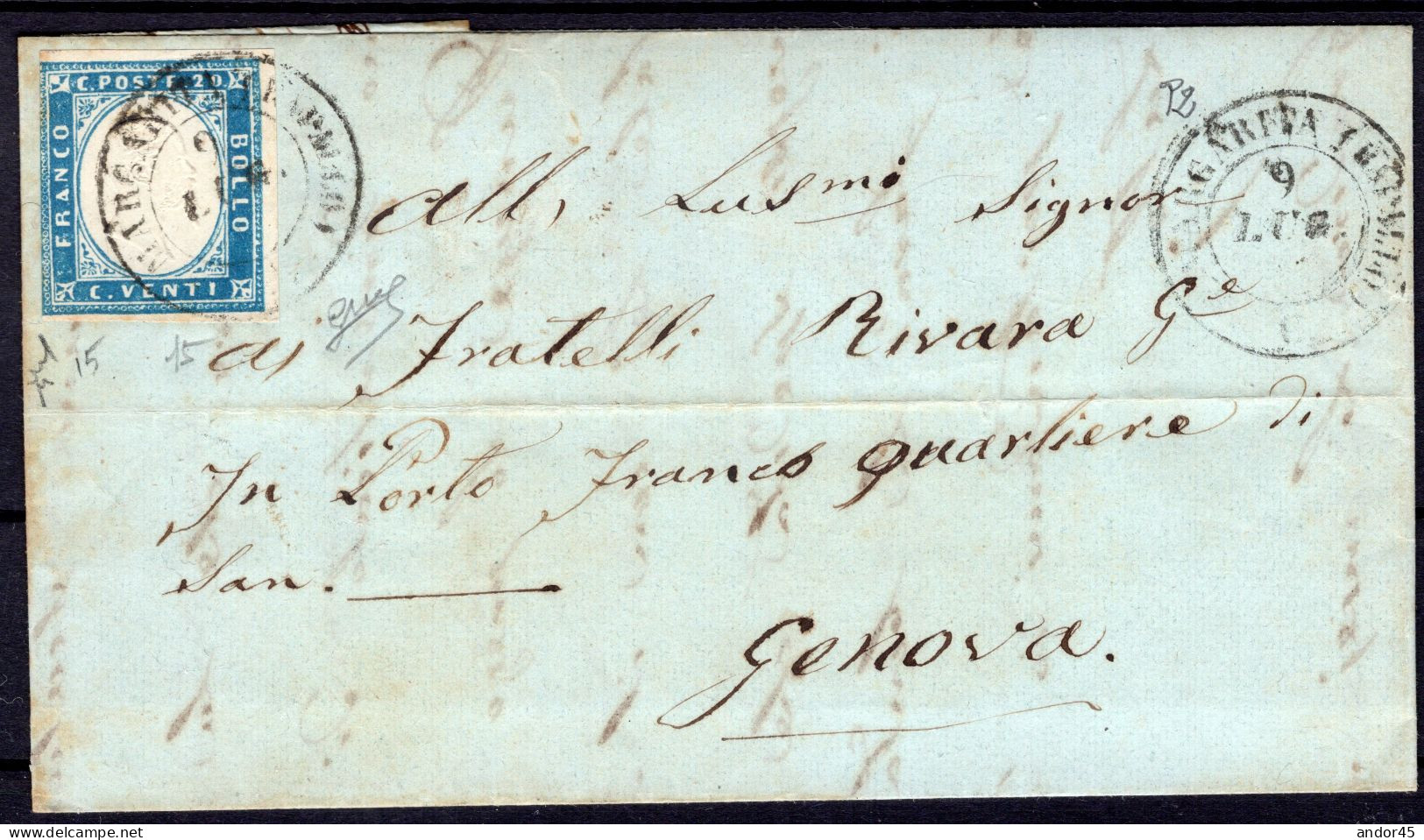 1857 09 LUGLIO IV EMISSIONE C.20 SASS 15 BEN MARGINATO SU PIEGO DI LETTERA DA S.MARGHERITA IN RAPALLO P2 PER GENOVA FIRM - Sardinien