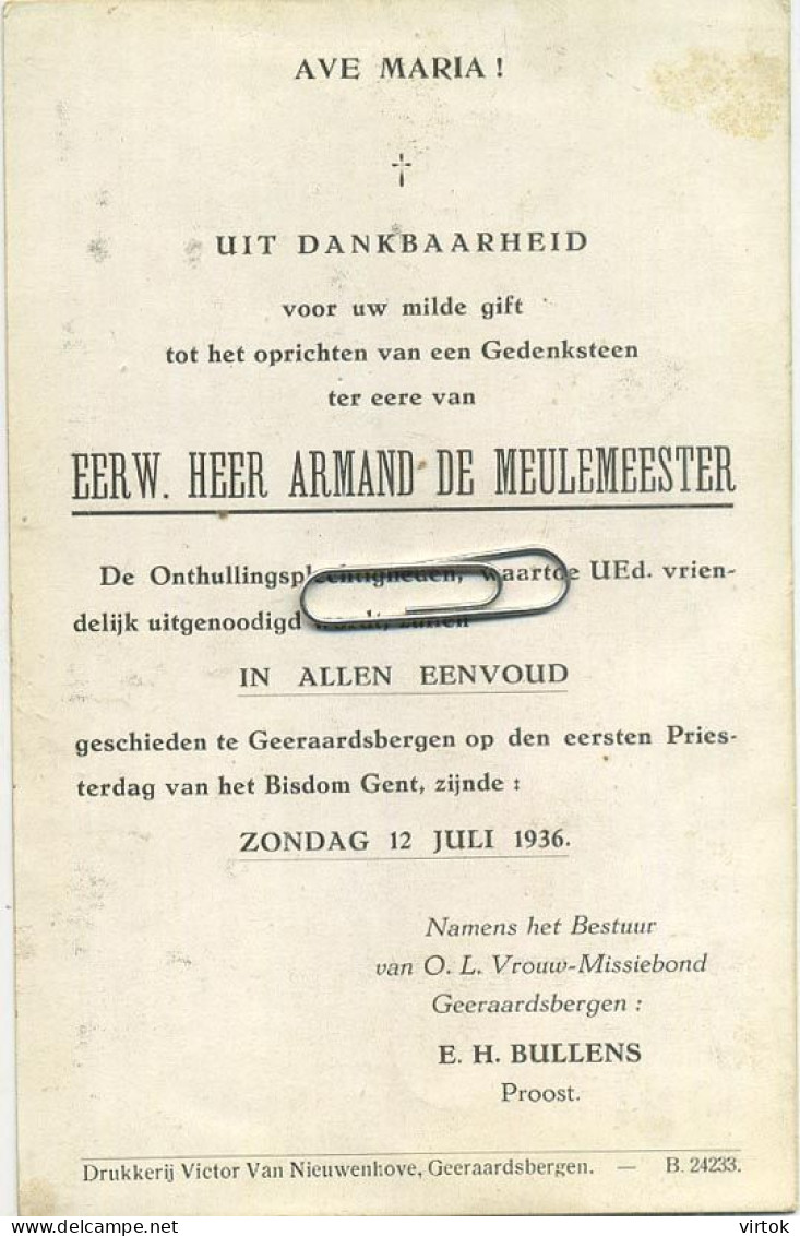 Geraardsbergen : Eerw. Heer Armand De Meulemeester  1936   Zie Scans - Geraardsbergen