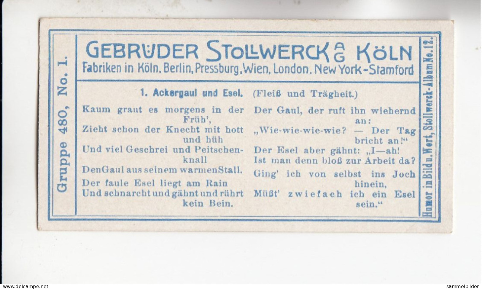 Stollwerck Album No 12 Die Tiere Ackergaul Und Esel ( Fleiß Und Trägheit ) Grp 480 #1 Von 1911 - Stollwerck