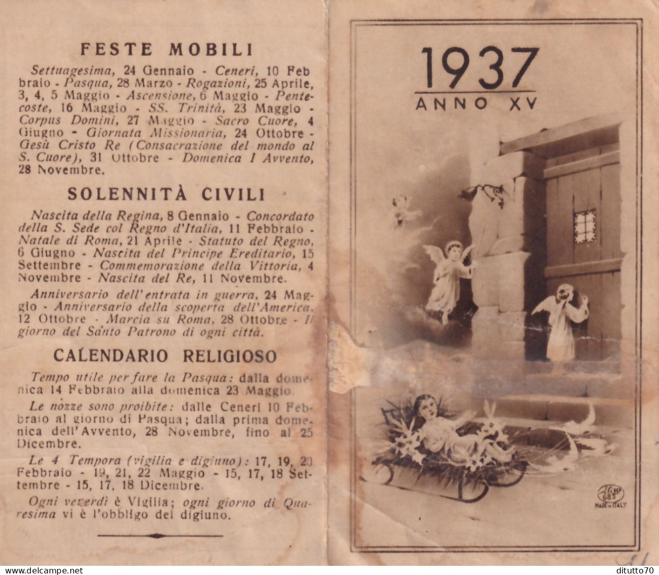 Calendarietto - Feste Mobili - Anno 1937 - Petit Format : 1921-40
