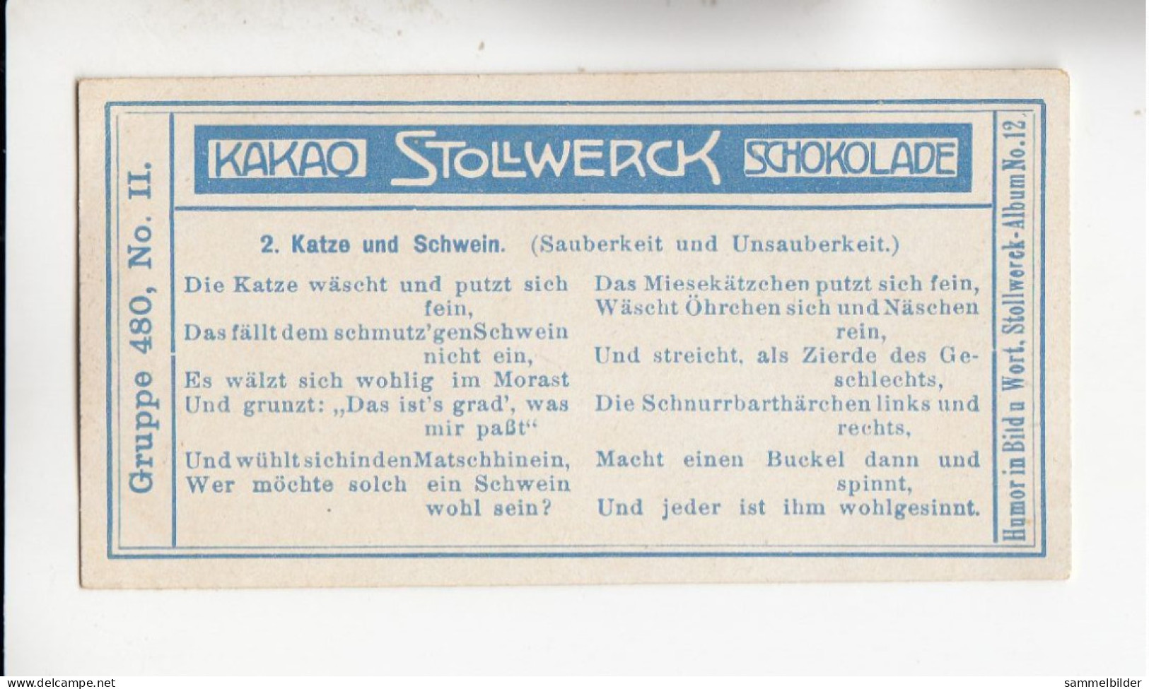 Stollwerck Album No 12 Die Tiere Katze Und Schwein  ( Sauberkeit Und Unsauberkeit  ) Grp 480 #2 Von 1911 - Stollwerck